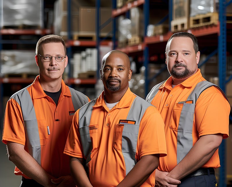 Three warehouse workers in orange hi-vis shirts
