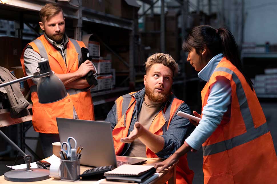 Warehouse team in hi-vis vests reviewing a shipment at a desk